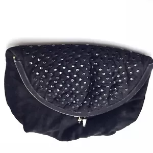 RUTH SALTZ Fold Over Clutch Purse Evening Bag Black dotted design Suede - Picture 1 of 8