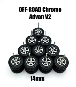 5x Sets Chrome Advan V2 14mm OFF ROAD Real Rider Wheel W/ Rubber 1/64 H0T Wheelz - Picture 1 of 1