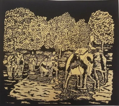 4 Gold Elephants Log Thai Art Black Silk Painting Posters Print Wall Home Decor - Image 1 of 4