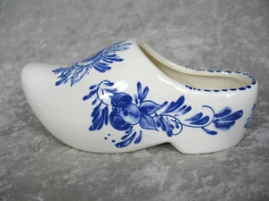8" Antique Handpained Blue & White Ceramic Holland Flower Dutch Clog Shoe - Picture 1 of 7