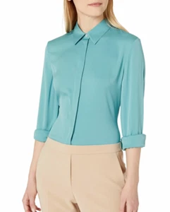 $325 NWT THEORY SzL CLASSIC FITTED LONG SLEEVE STRETCH SILK SHIRT SEA GREEN - Picture 1 of 6