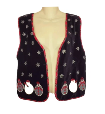 Vintage Paul Harris Design Christmas Snowman Vest Medium M Black Open - Image 1 of 4