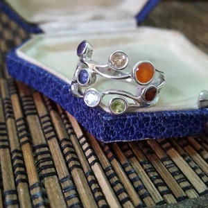 925 Sterling Silver Ring, Multi Gemstones Ring, Size P US 7.75, Fire Opal, Topaz - Picture 1 of 8