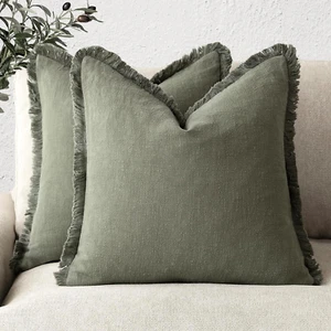 Set of 2 Decorative Linen Fringe Throw Pillow Covers Cozy Boho Farmhouse Cushion - Picture 1 of 12