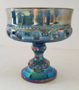KING'S CROWN Blue Pedestal Dish Indiana Carnival Glass Thumb Print Compote Dish - Picture 1 of 9