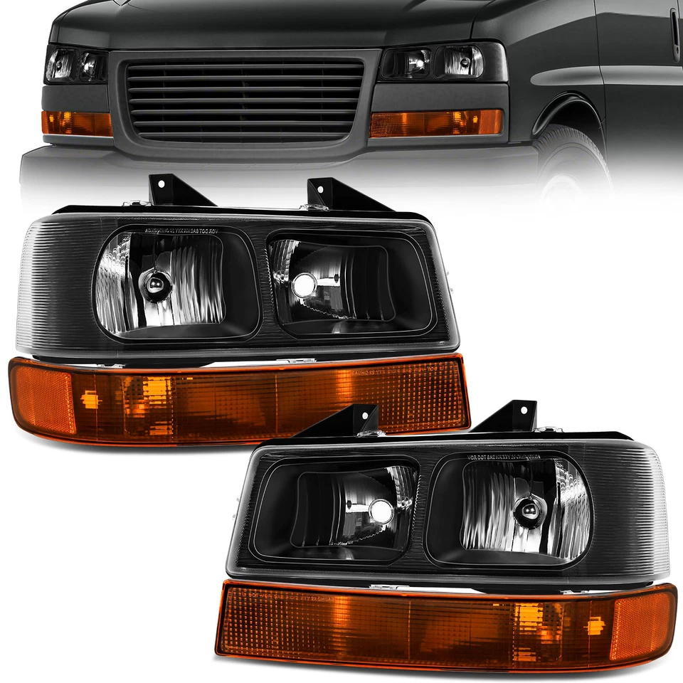 4Pcs Headlights+Turn Signal Lamp Black/Amber For 03-23 Express/Savana 1500-4500  - Image 1 of 4