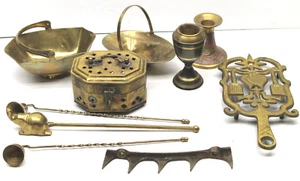 9 pc Vintage India Brass Metalware Lot Candleholders+Snuffers+Trivet+Trays+Box - Picture 1 of 9