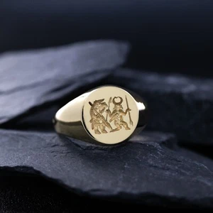Viking Torslunda Berserker Wax Seal Signet Ring, 14k Solid Yellow Gold Ring - Picture 1 of 8