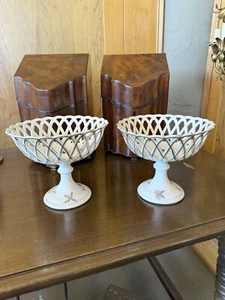 Vintage Pair of Hand Painted Porcelain Reticulated Corbeilles Basket Compotes - Picture 1 of 12