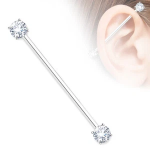 7 mm Prong Set Clear CZ Surgical Steel Industrial Barbell Ear Cartilage 14G - Picture 1 of 1