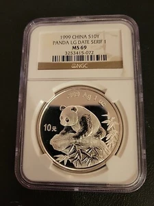 1999 Large Date Serif 1 China 10 Yuan 1oz Silver Panda NGC MS 69! - Picture 1 of 2
