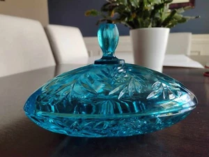 Hazel Atlas Deckel Dreieck geschliffen Glas Capri blau Süßigkeiten Nuss Schale Pinwheel MCM - Bild 1 von 5