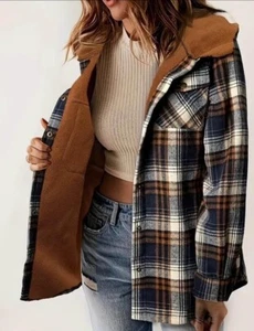 XL Jacket Unisex Large Plaid Flannel Hoodie Shacket Work Coat Lumberjack Fleece - Picture 1 of 4