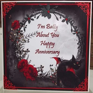 HANDMADE PERSONALISED GOTHIC PAGAN ANNIVERSARY CARD WITH ANGEL BAT BLACK CAT  - Picture 1 of 4