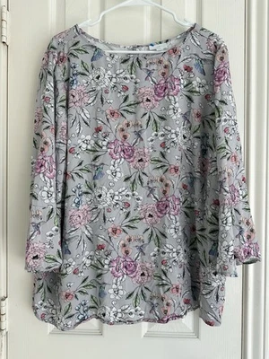 J. Jill Hummingbird Floral -Printed Satin Top size 2X.  Gray and Pink. - Image 1 of 4