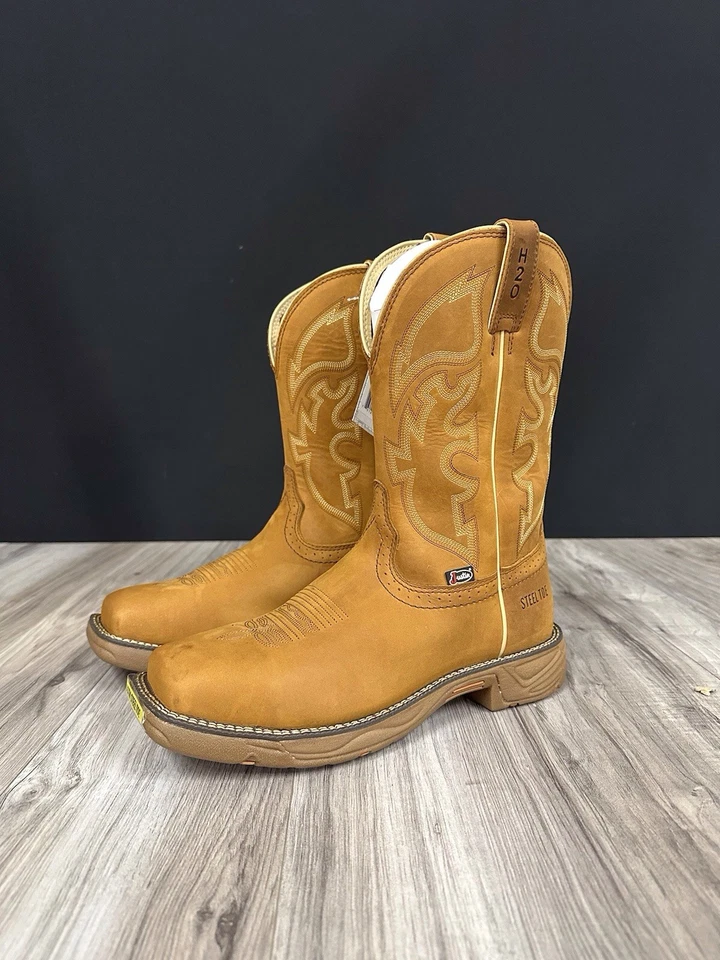 Justin Men's 8 D Stampede Rush Saddle Tan Steel Toe WATERPROOF Work Boots WK4331