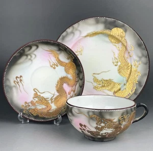 Old Nippon Dragon Trio – Gold Painted Teacup, Saucer & Plate with Jewel Eyes - Picture 1 of 18