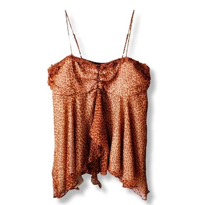 Y2K VTG Women Silk Chiffon Babydoll Cami Top XL Sheer Ruffle Cheetah Print NEW - Image 1 of 4