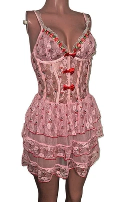 Mini vestido de decote rosa cereja renda chemise slip micro fantasia cosplay festa - Imagem 1 de 3