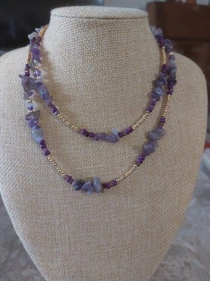 36» ожерелье аметист сколы глубокий фиолетовый и золотой акцент бисер слоистый - Изображение 1 из 4
