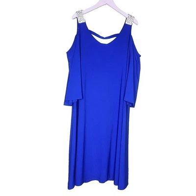 Midnight Velvet Dress XL Blue Shift Cold Shoulder Rhinestone Bell Sleeve Party - Image 1 of 4