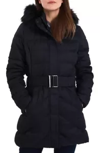 NEW Barbour Waylite Quilted Hooded Puffer Coat With Faux Fur Trim - Black - 8 US - Picture 1 of 9