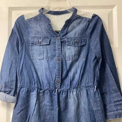 My Michelle Girls Size 16 Denim Knee Length Dress Lace Roll Tab Sleeves - Image 1 of 4