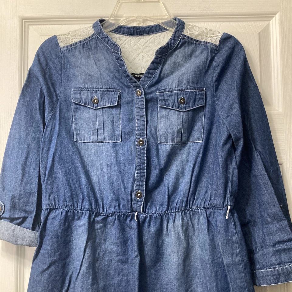 Vestido de mezclilla hasta la rodilla de encaje mangas enrollables My Michelle para niñas talla 16 Foto 1 de 4