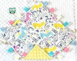 NEW, Double Minky! Unicorn Minky & Yellow Minky Tag Taggie Security Blanket - Picture 1 of 1