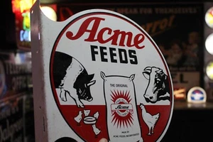 RARE 1950s ACME FEEDS 2-SIDED PAINTED METAL FLANGE SIGN COW CHICKEN PIG FARM MOO - Picture 1 of 16