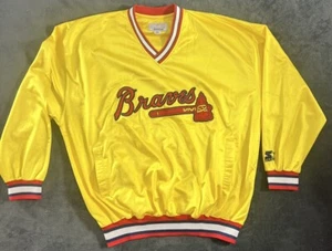 VTG Starter Atlanta Braves Tomahawk Jacket Pullover Windbreaker Size XL Yellow - Picture 1 of 9