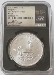 2020 SILVER SOUTH AFRICA KRUGERRAND NGC MS 70 TUMI TSEHLO SIGNED FIRST DAY FDOP - Picture 1 of 2