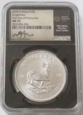 2020 SILVER SOUTH AFRICA KRUGERRAND NGC MS 70 TUMI TSEHLO SIGNED FIRST DAY FDOP - Image 1 of 2