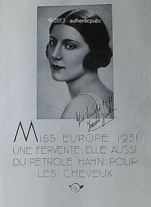 PUBLICITE PETROLE HAHN CHEVEUX MISS EUROPE JEANNE JUILLA DE 1931 FRENCH AD HAIR - Picture 1 of 1