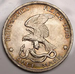 Germany Prussia 3 Mark 1913 Silver Coin Defeat of Napoleon - Picture 1 of 2