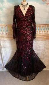 Gatsby Dress 16 Black Red Sequin Fishtail Goddiva Ballgown 1920 Art Deco Evening - Picture 1 of 9