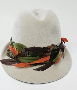 Vintage Soft Felt Beige Hat Frank Olive New York Trilby Bright Colored Feathers - Picture 1 of 7