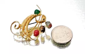 Filigree Brooch Vintage Art Glass Cabochon Faux Agate Stones Ribbon Leaf - Picture 1 of 4