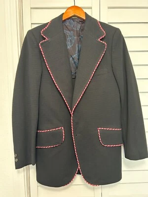 black red white vintage 70s polyester knit blazer sport coat jacket 34R - Image 1 of 4
