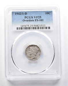 1942/1-D Mercury Dime Overdate FS-101 VF25 PCGS *1824 - Picture 1 of 3