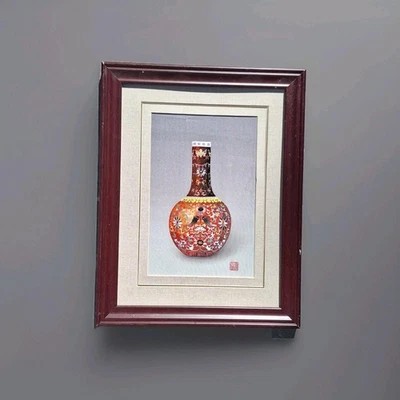 Tableau broderie chinoise sur soie Vase en porcelaine Chinois. Tableau Encadré - Photo 1/4