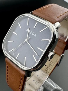 Working Breda Visser Watch Brown Leather Navy Blue Dial Square 1728K Japan E4 - Picture 1 of 10