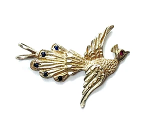 Vintage Textured Sterling Silver Ruby & Sapphire Peacock  Pendant - Picture 1 of 7