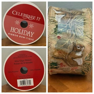 VTG Celebrate It Wired Christmas Ribbon Squirrel On Branch Gold Red Holly NEW - Picture 1 of 5