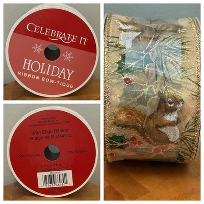 VTG Celebrate It Wired Christmas Ribbon Squirrel On Branch Gold Red Holly NEW - Image 1 of 4