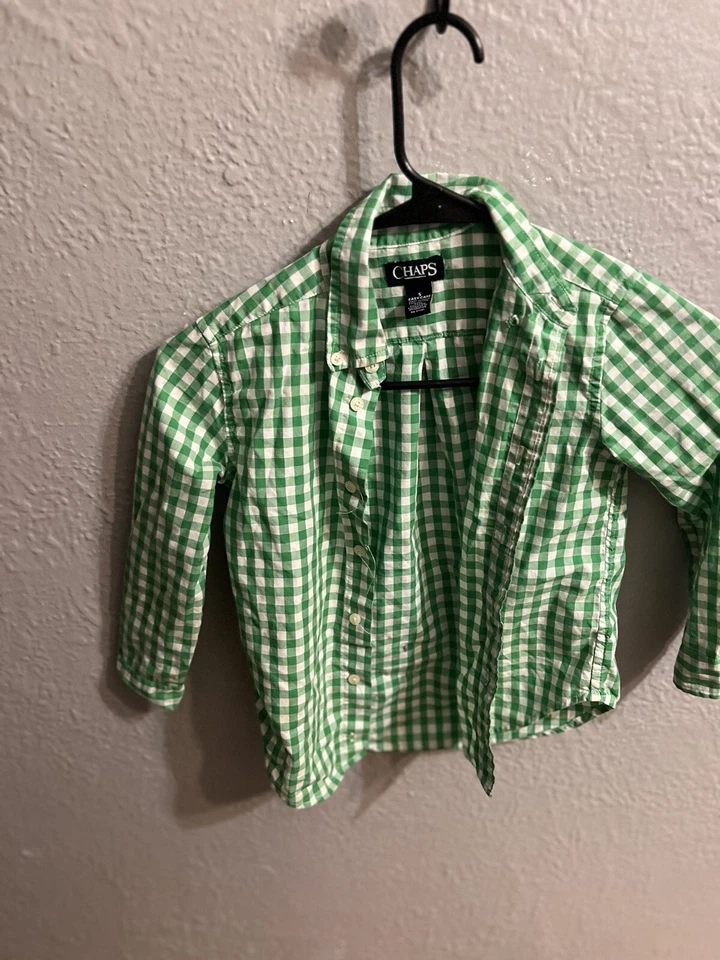 Chaps Plaid Shirt Boys Size 5 Long  Sleeve Button Front Green White Plaid - Image 1 of 4