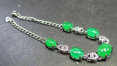 Brazalete Brazalete Genuino Verde Jade Cabujón Circonita Cúbica 18KGP Moneda Flor Foto 1 de 4