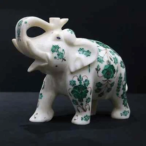 8" white Marble with green stone  Inlay Elephant with  floral inlay - Picture 1 of 10