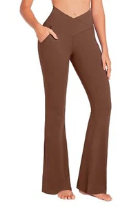 Womens Flare Yoga Pants with Pockets Crossover High Waisted Bootcut Flare Leg... - Picture 1 of 6