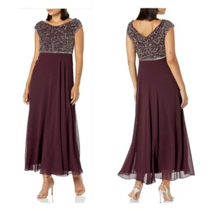 J Kara Beaded Sequins Empire Waist Chiffon Plum Wine Maxi Dress 6P NWT - Picture 1 of 11